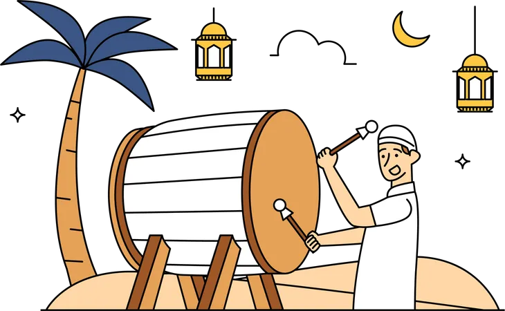 Homem muçulmano batendo tambor  Ilustração