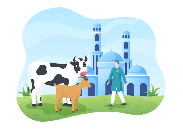 Homem muçulmano com cabra e vaca  Ilustração