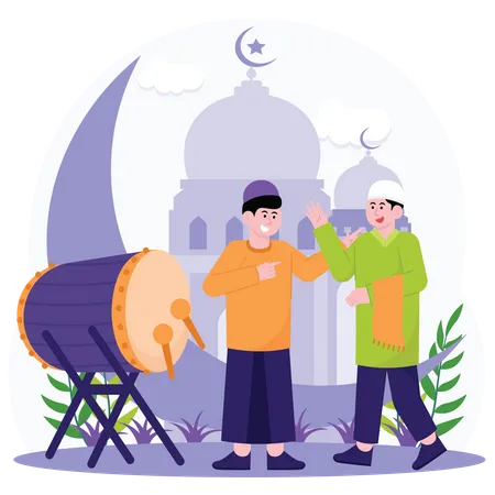 Homem muçulmano se cumprimenta no dia de Eid Al Adha  Ilustração