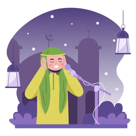 Homem muçulmano fazendo azan no Ramadã  Ilustração