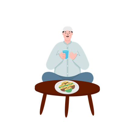 Homem muçulmano fazendo oração antes do iftar  Ilustração