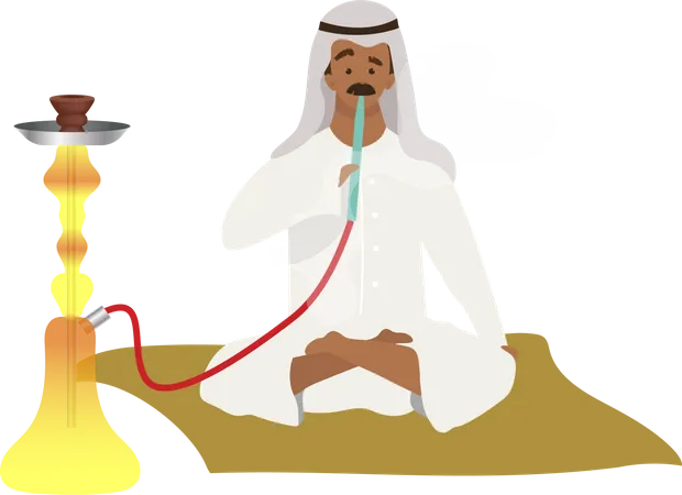 Homem muçulmano fumando narguilé  Ilustração