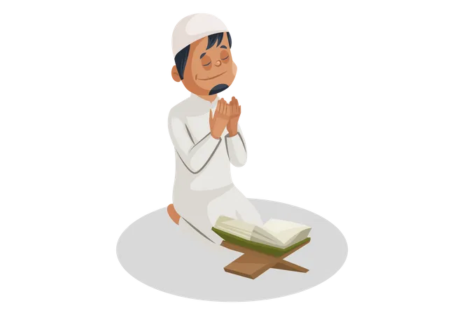 O homem muçulmano indiano está lendo o Alcorão e orando a Deus  Ilustração