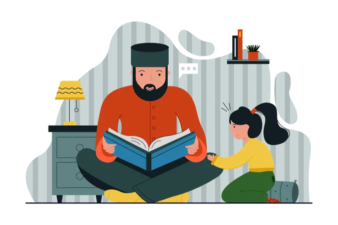 Homem muçulmano lendo livro com sua filha  Ilustração