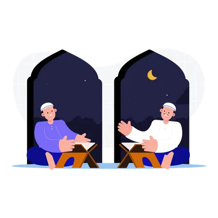 Homem muçulmano lendo o Alcorão no Ramadã  Ilustração