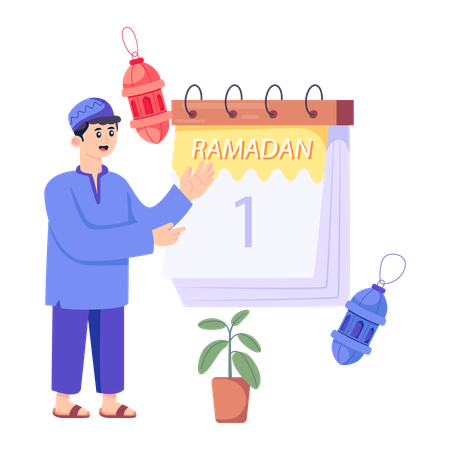 Homem muçulmano mostrando o calendário do Ramadã  Illustration