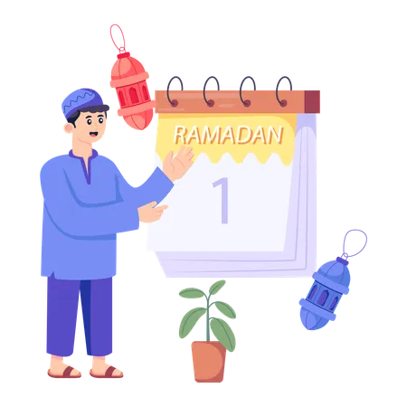 Homem muçulmano mostrando o calendário do Ramadã  Illustration