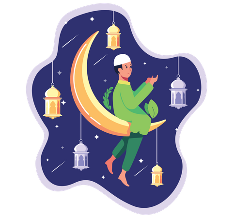 Homem muçulmano rezando durante a noite do eid  Ilustração