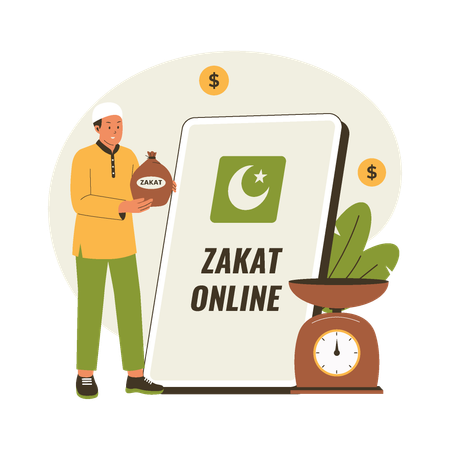 Homem muçulmano pagando zakat online  Ilustração