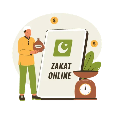 Homem muçulmano pagando zakat online  Ilustração