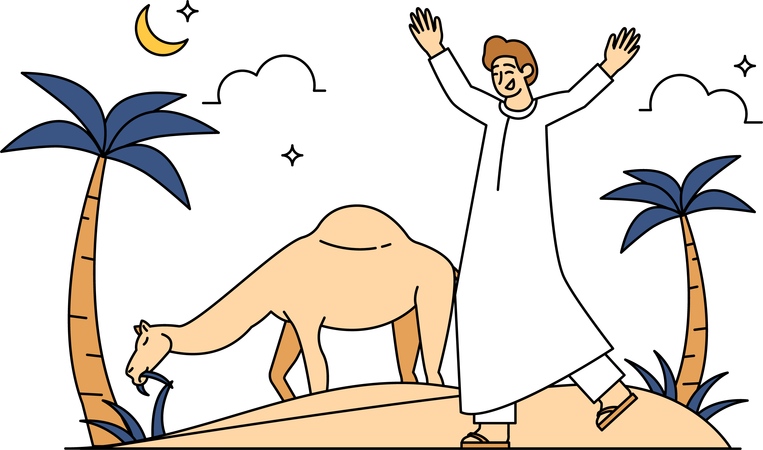 Homem muçulmano pastoreando camelo  Ilustração
