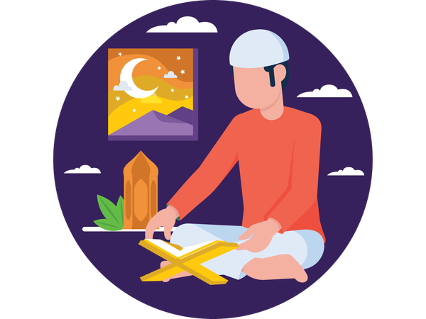 Homem muçulmano recitando o Alcorão  Ilustração