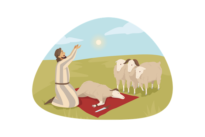 Homem muçulmano sacrificando cabra  Ilustração