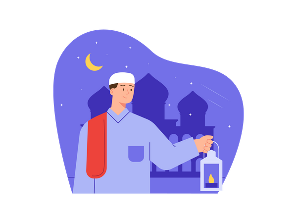 Homem muçulmano segurando lanterna  Ilustração