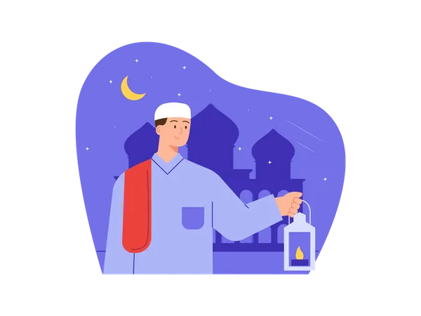 Homem muçulmano segurando lanterna  Ilustração