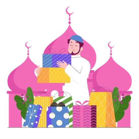 Homem muçulmano segurando presente do Ramadã  Ilustração