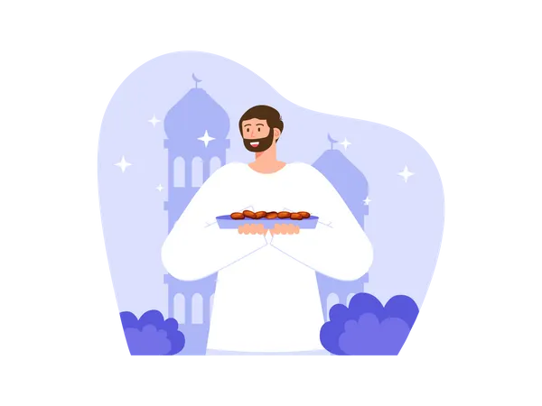Homem muçulmano servindo datas árabes  Ilustração