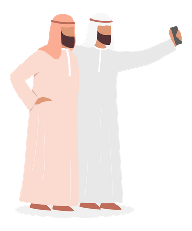 Homem muçulmano tirando selfie com amigo  Ilustração