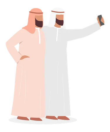Homem Muculmano Tirando Selfie Personagem Arabe Tirando Foto De Si Mesmo Com Um Amigo Ilustracao Vetorial Isolada Ilustração