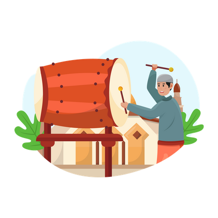 Homem muçulmano tocando tambor bedug  Illustration