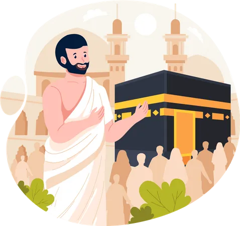 Peregrinacao Islamica Do Hajj Um Homem Muculmano Usa Roupas Ihram Com Fundo Kaaba Ilustracao Vetorial Em Estilo Simples Ilustração