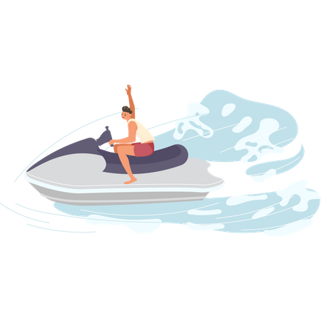 Homem em moto aquática anda nas ondas  Ilustração