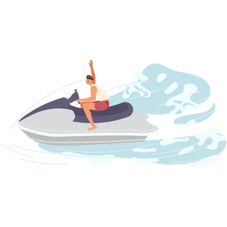 Homem Em Moto Aquatica Navega Nas Ondas Do Mar Ilustração