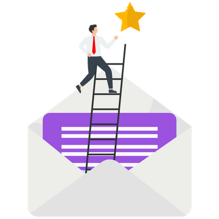 Homem na escada em um envelope aponta para estrela  Ilustração