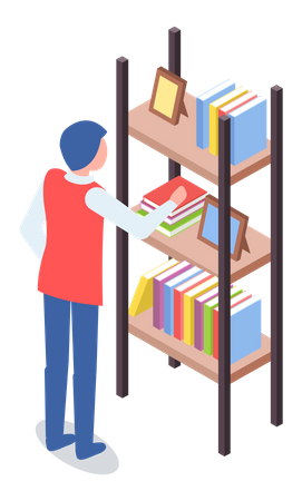 Homem na livraria em pé perto de uma estante com livros  Ilustração
