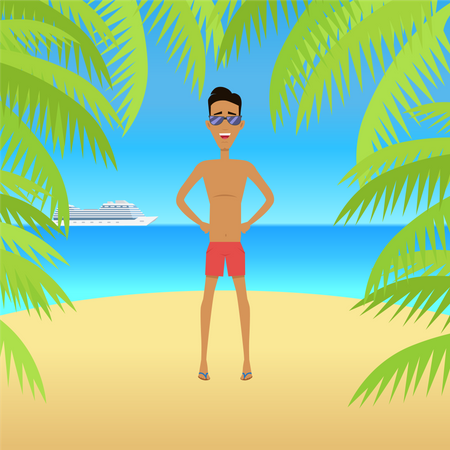 Homem na praia com areia e palmeiras  Ilustração