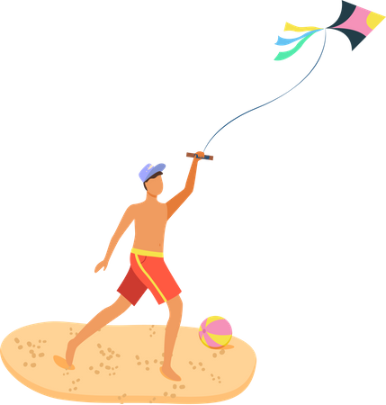 Homem na praia se divertindo com Kite  Ilustração