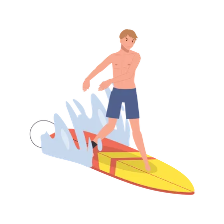 Homem na prancha de surf enquanto andava nas ondas  Ilustração