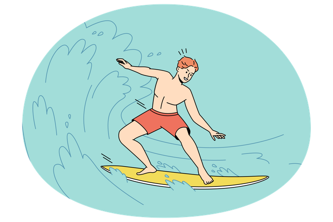 Homem em prancha de surfe aproveitando atividades de verão nas férias.  Ilustração