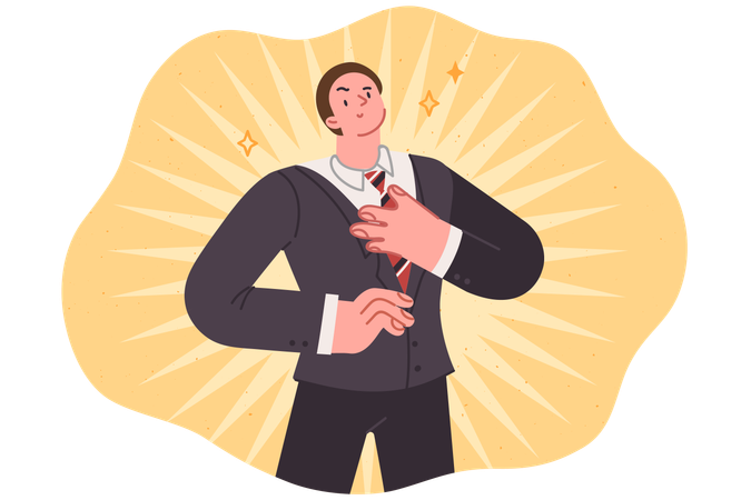 Homem narcisista amarra gravata e olha com orgulho  Ilustração