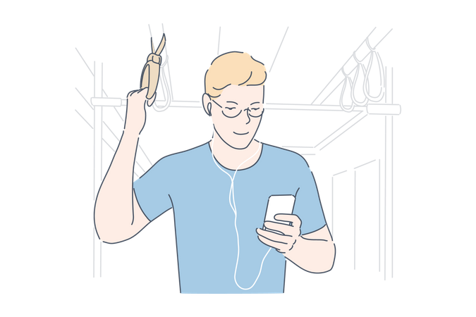 Homem navegando na web em transporte público  Ilustração