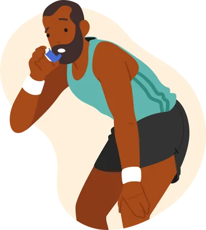 Homem negro usando inalador devido a ataque de asma.  Ilustração