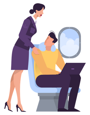 Homem na classe executiva do avião sentado na janela  Ilustração