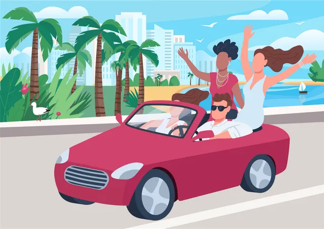 Homem no carro cercado por meninas  Ilustração