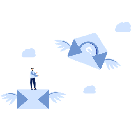 Homem no envelope com asas Email Marketing Cloud  Ilustração