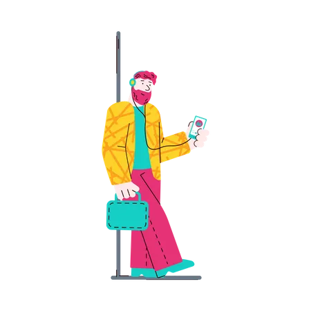 Homem no trem ouvindo música  Ilustração