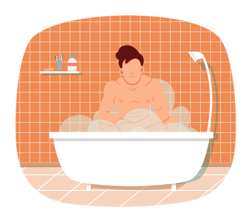 Homem nu sentado na banheira com água quente  Ilustração