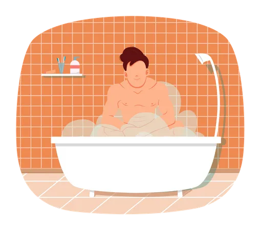 Homem nu sentado na banheira com água quente  Ilustração