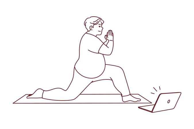 Homem obeso pratica ioga em tutorial on-line  Ilustração