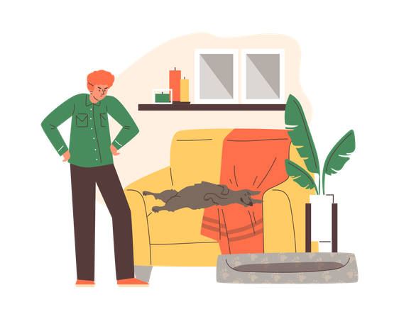 Homem observa cachorro preguiçoso dormindo no sofá em vez de na cama  Ilustração