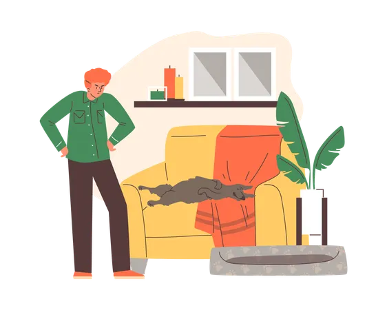 Homem observa cachorro preguiçoso dormindo no sofá em vez de na cama  Ilustração