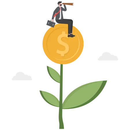 Homem olha pelo telescópio na planta com flor de moeda de dinheiro  Ilustração