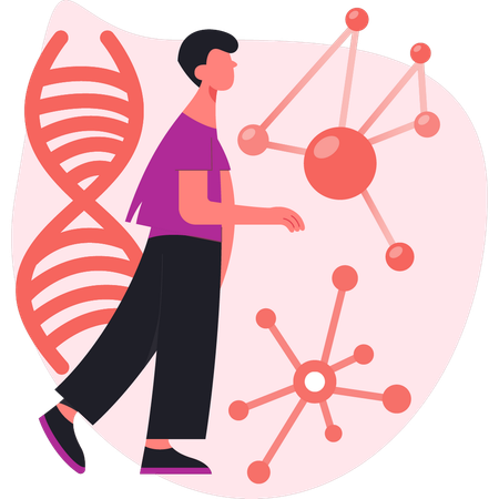 Homem olhando estrutura de DNA  Ilustração