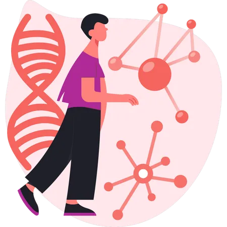 Homem olhando estrutura de DNA  Ilustração