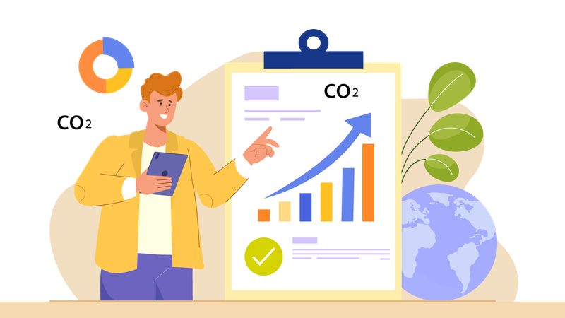 Homem observando estatísticas crescentes de CO2  Ilustração