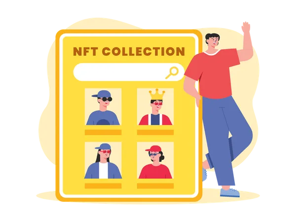 Homem olhando para coleção NFT online  Ilustração